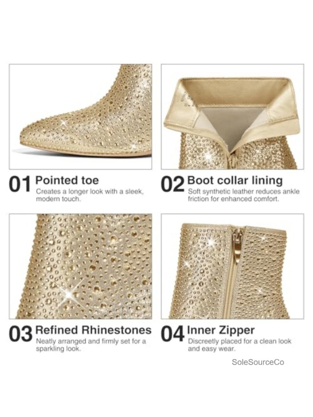 Rhinestone Ankle Booties Pointed Toe Block Heel Side Zip Sparkly Party - Picture 4 of 6